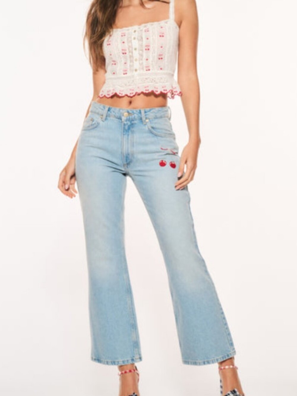 Loveshackfancy Sami Cherry Embroidered Jeans Straight Ankle Flare